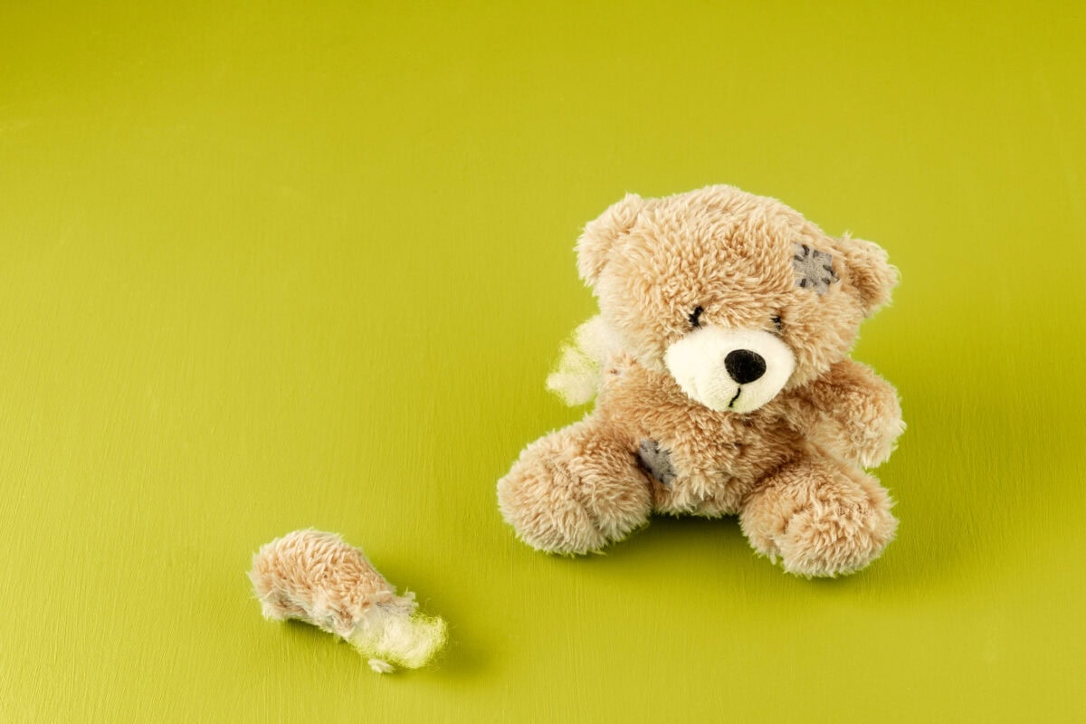 Teddy bear missing one arm on green background.